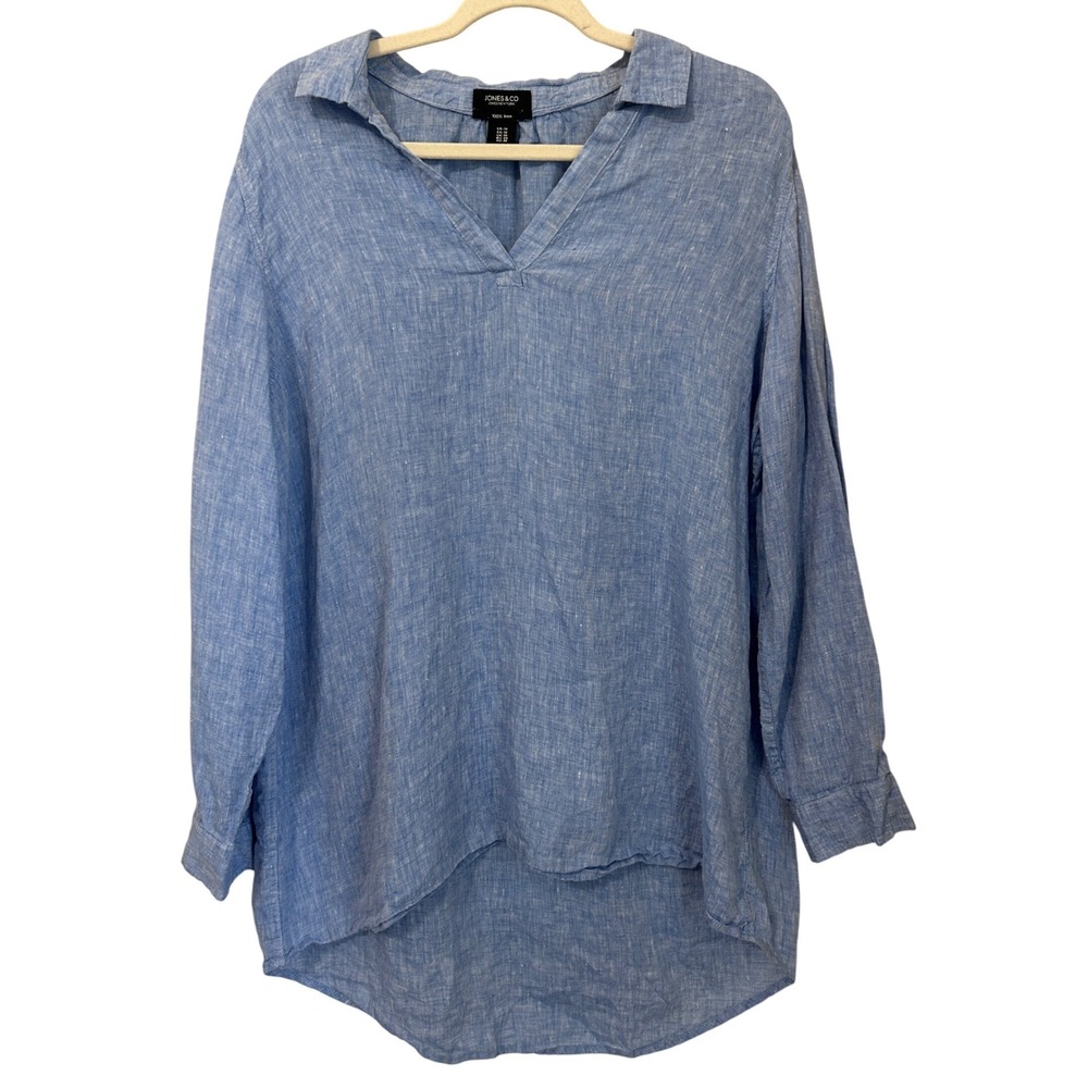 Jones & Co Womens Size 1X Blue Linen Tunic Top Roll Tab V-Neck Coastal Vacation